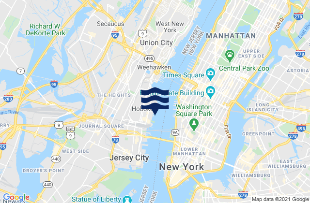 Mapa da tábua de marés em Hoboken, United States