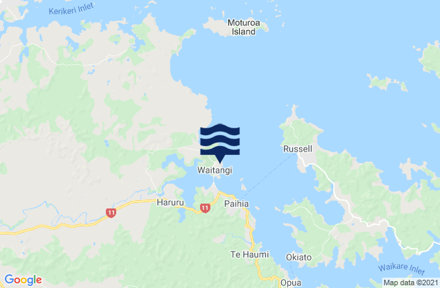 Mapa da tábua de marés em Hobson Beach, New Zealand