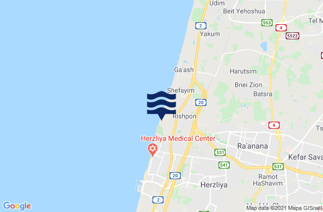 Mapa da tábua de marés em Hod HaSharon, Israel