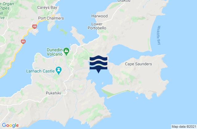 Mapa da tábua de marés em Hoopers Inlet, New Zealand