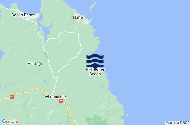 Mapa da tábua de marés em Hot Water Beach, New Zealand