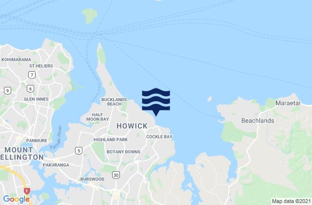 Mapa da tábua de marés em Howick Beach, New Zealand
