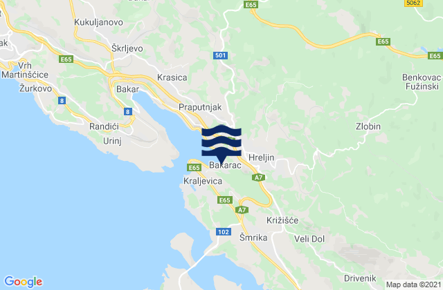 Mapa da tábua de marés em Hreljin, Croatia