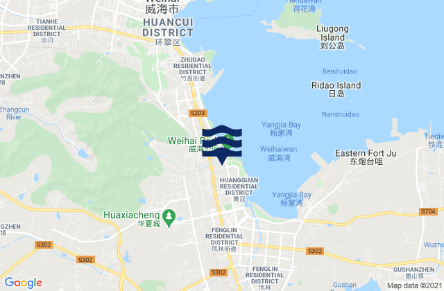 Mapa da tábua de marés em Huangguan, China