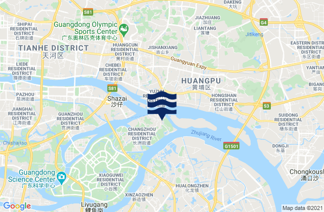 Mapa da tábua de marés em Huangpu Gang, China