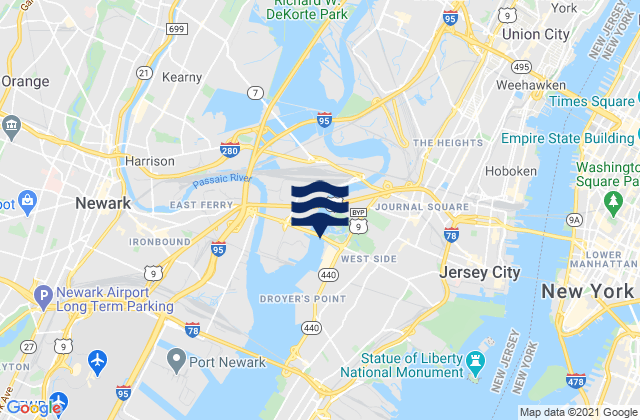 Mapa da tábua de marés em Hudson County, United States