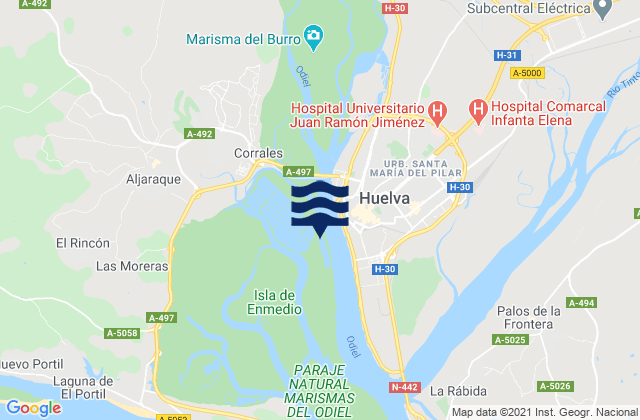 Mapa da tábua de marés em Huelva Rio Odiel, Spain