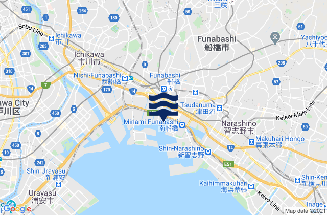 Mapa da tábua de marés em Hunabasi, Japan