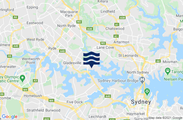 Mapa da tábua de marés em Hunters Hill, Australia