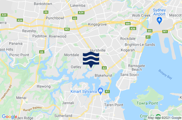 Mapa da tábua de marés em Hurstville Grove, Australia