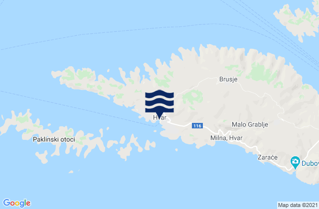 Mapa da tábua de marés em Hvar, Croatia