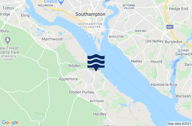 Mapa da tábua de marés em Hythe, United Kingdom
