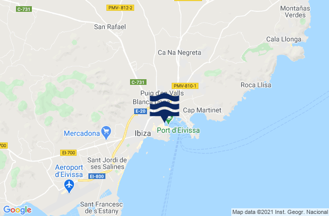 Mapa da tábua de marés em Ibiza, Spain