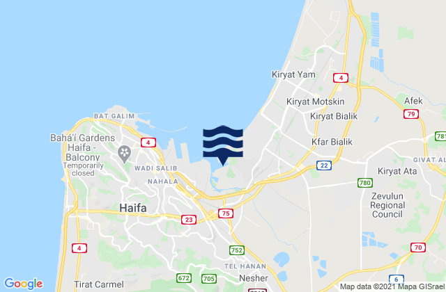 Mapa da tábua de marés em Ibṭīn, Israel