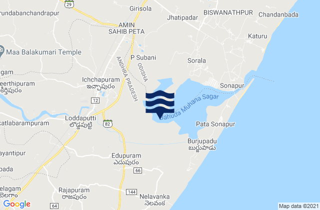 Mapa da tábua de marés em Ichchāpuram, India