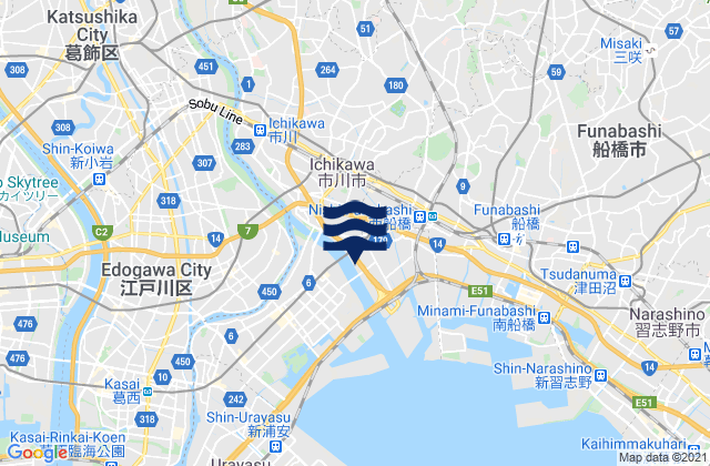 Mapa da tábua de marés em Ichikawa, Japan