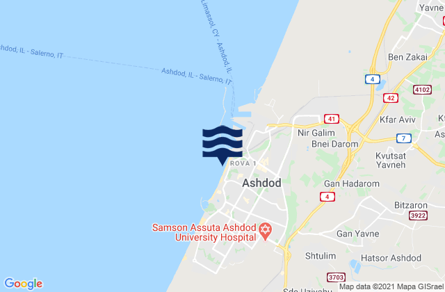 Mapa da tábua de marés em Igolim Ashdod, Israel