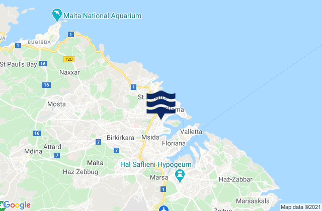 Mapa da tábua de marés em Il-Gżira, Malta