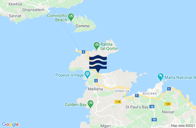 Mapa da tábua de marés em Il-Mellieħa, Malta