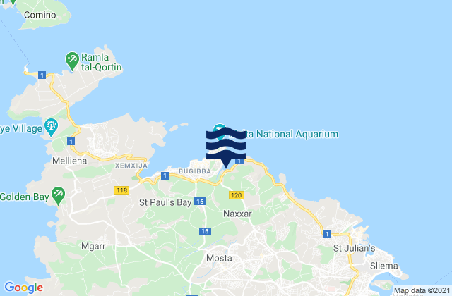Mapa da tábua de marés em Il-Mosta, Malta