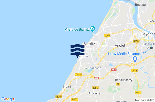 Mapa da tábua de marés em Ilbaritz - Marbella, France