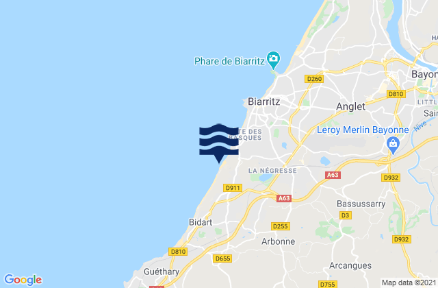 Mapa da tábua de marés em Ilbarritz, Spain