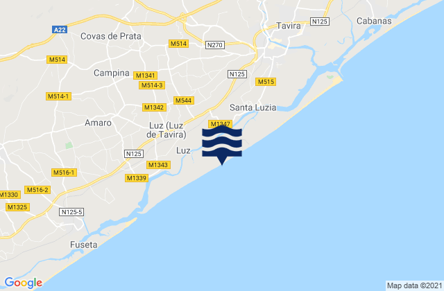 Mapa da tábua de marés em Ilha de Tavira, Portugal