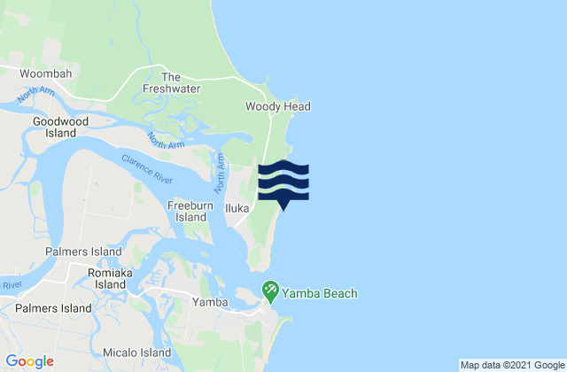 Mapa da tábua de marés em Iluka Beach, Australia