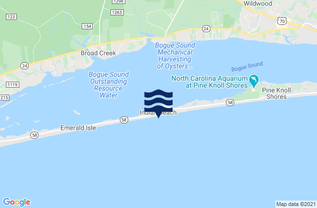 Mapa da tábua de marés em Indian Beach, United States