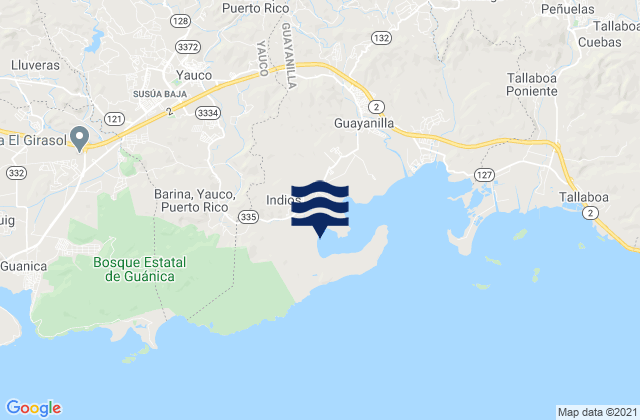 Mapa da tábua de marés em Indios, Puerto Rico