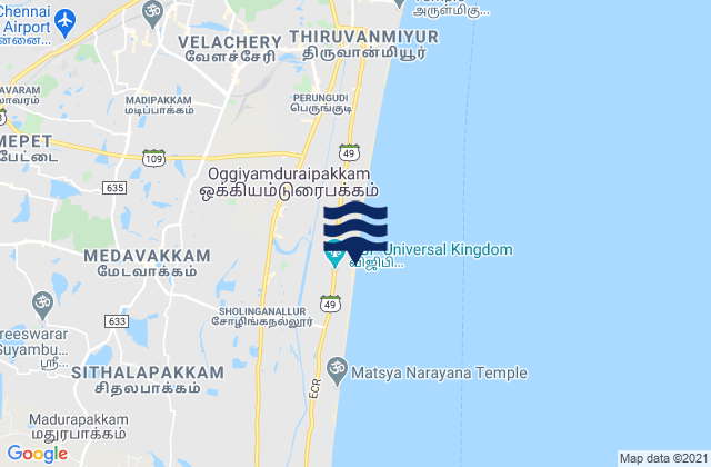 Mapa da tábua de marés em Injambakkam, India