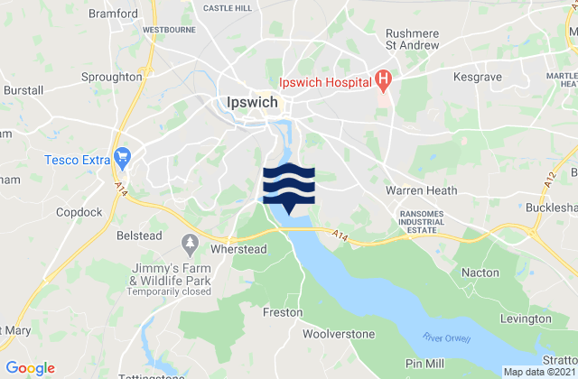 Mapa da tábua de marés em Ipswich, United Kingdom