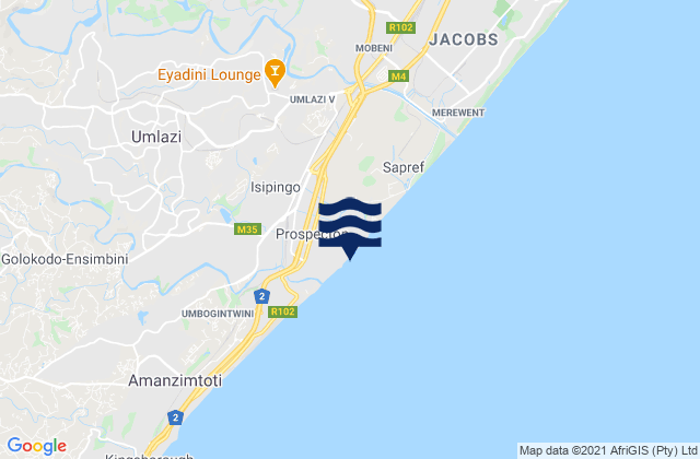 Mapa da tábua de marés em Isipingo Beach, South Africa