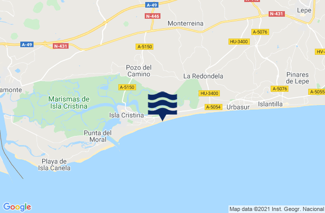 Mapa da tábua de marés em Isla Canela, Spain