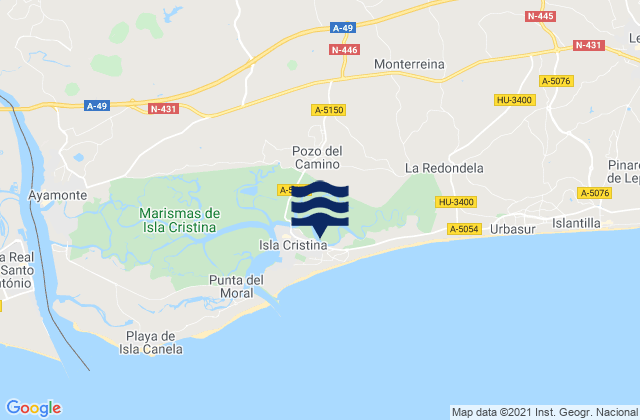 Mapa da tábua de marés em Isla Cristina, Spain