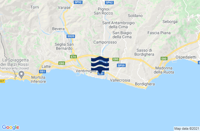 Mapa da tábua de marés em Isolabona, Italy