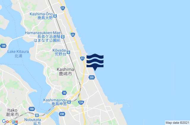 Mapa da tábua de marés em Itako, Japan