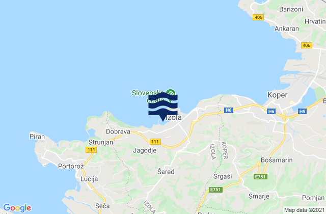 Mapa da tábua de marés em Izola, Slovenia