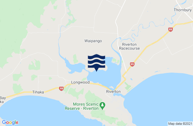 Mapa da tábua de marés em Jacobs River Estuary, New Zealand