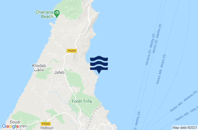 Mapa da tábua de marés em Jafeb, Spain