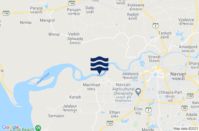 Mapa da tábua de marés em Jalalpore, India