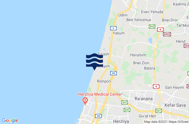 Mapa da tábua de marés em Jaljūlya, Israel