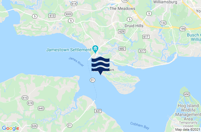Mapa da tábua de marés em Jamestown Island (Church Point), United States