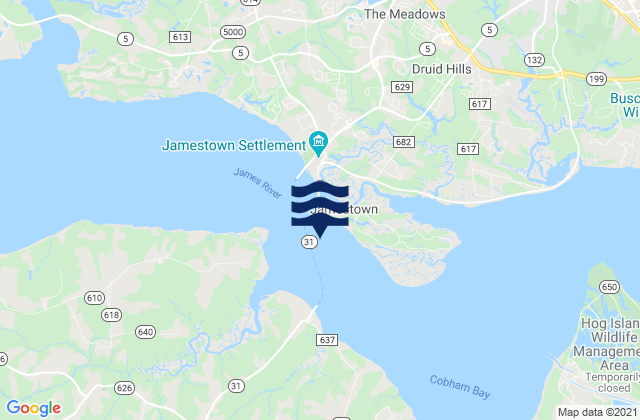 Mapa da tábua de marés em Jamestown Island Church Point, United States