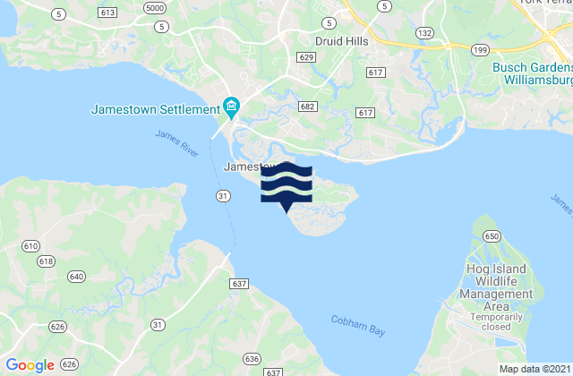 Mapa da tábua de marés em Jamestown Island, United States