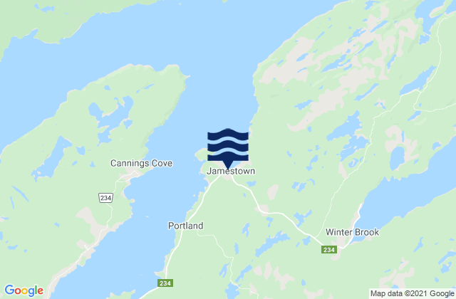 Mapa da tábua de marés em Jamestown, Canada