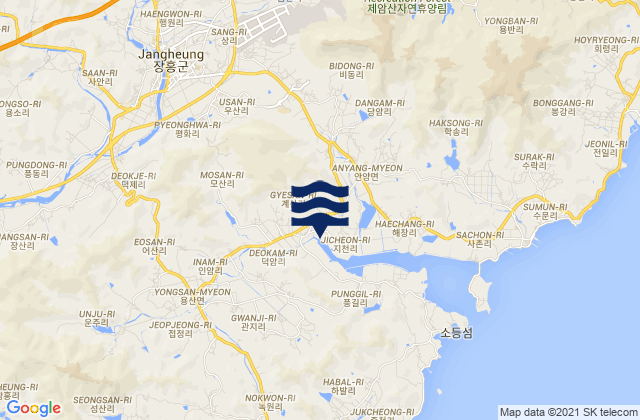 Mapa da tábua de marés em Jangheung-gun, South Korea