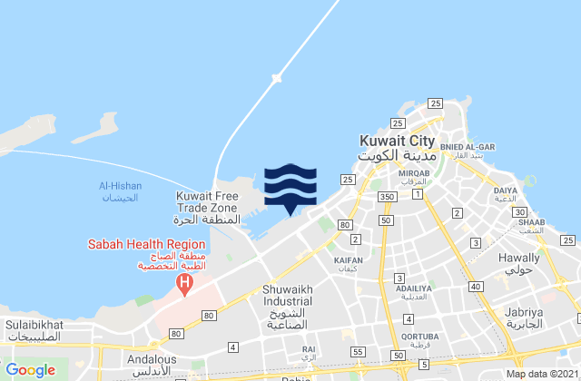 Mapa da tábua de marés em Janūb as Surrah, Kuwait