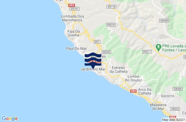 Mapa da tábua de marés em Jardim do Mar, Portugal