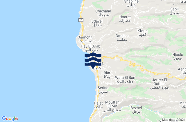Mapa da tábua de marés em Jbaïl, Lebanon